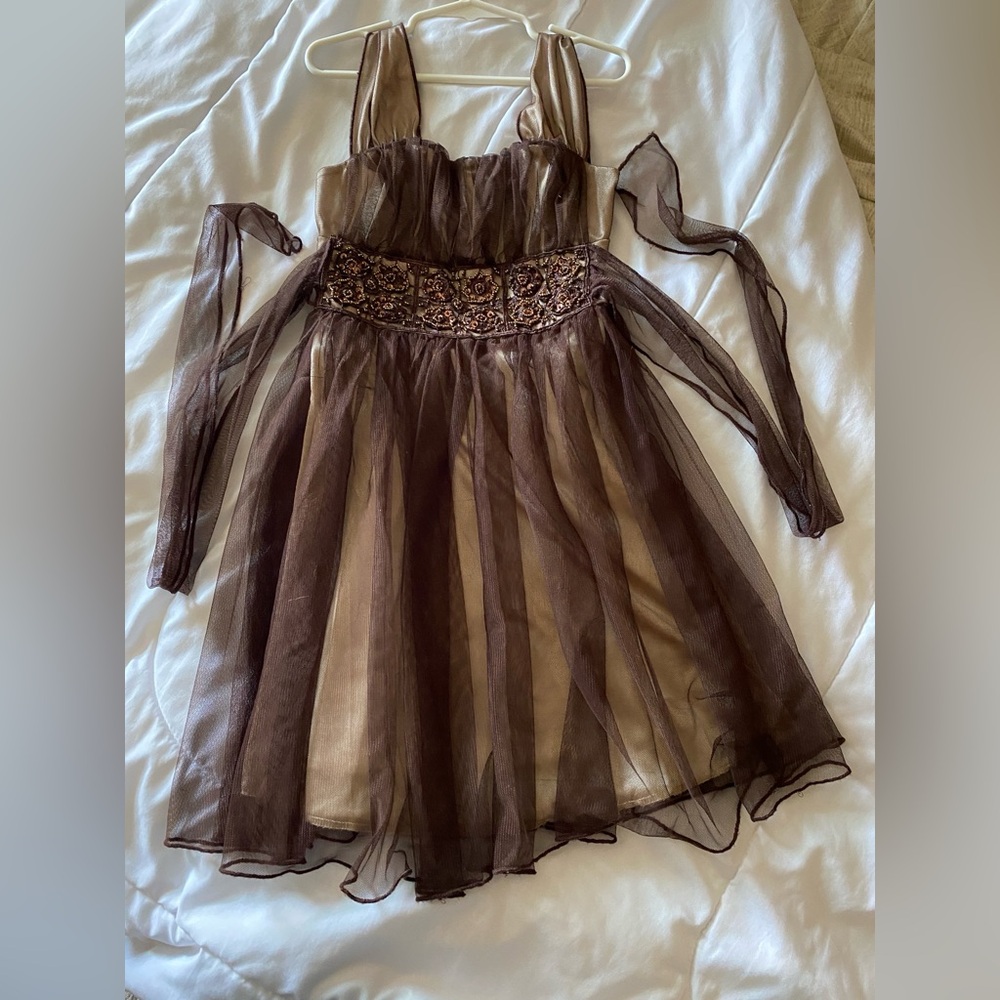 SOLD Elegant Brown and Gold Dress with Sequin & Beaded waist.